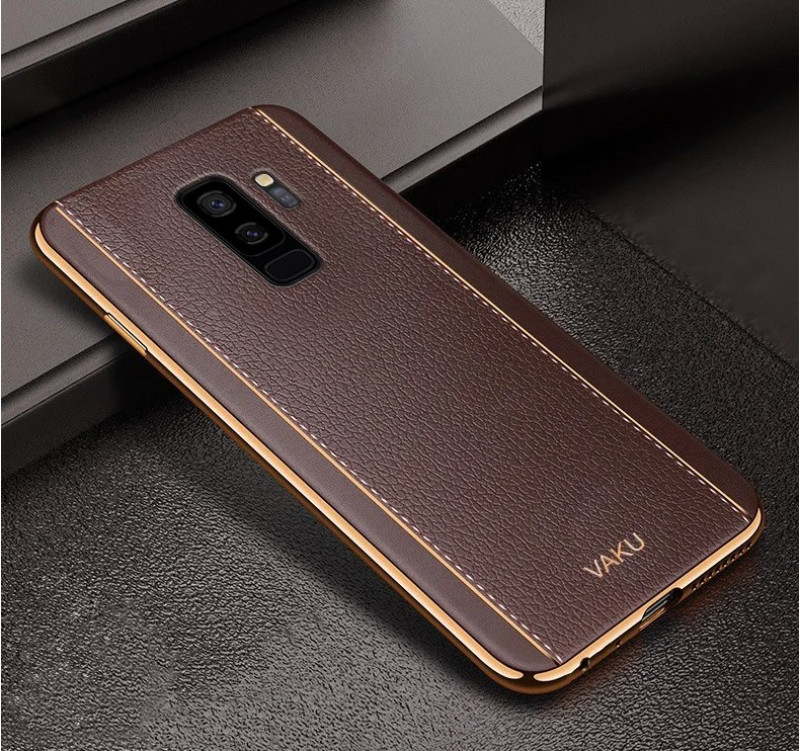 Vaku ® Samsung Galaxy S9 Plus Vertical Leather Stitched Gold Electroplated Soft TPU Back Cover