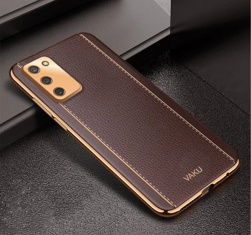 Vaku ® Samsung Galaxy F02s Vertical Leather Stitched Gold Electroplated Soft TPU Back Cover