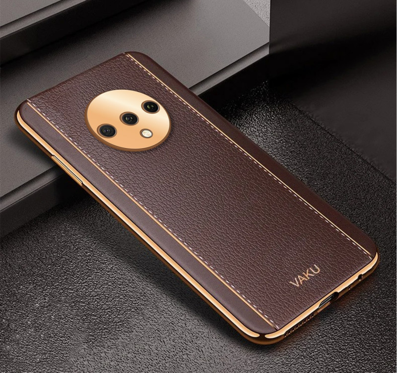 Vaku ® OnePlus 7T Vertical Leather Stitched Gold Electroplated Soft TPU Back Cover