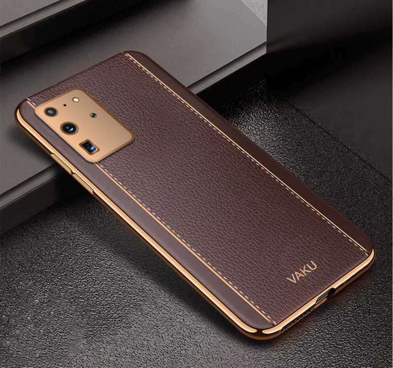 Vaku ® Samsung Galaxy S20 Ultra Vertical Leather Stitched Gold Electroplated Soft TPU Back Cover