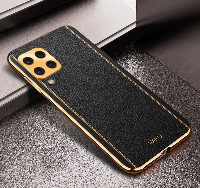 Vaku ® Samsung Galaxy M32 Luxemberg Series Leather Stitched Gold Electroplated Soft TPU Back Cover
