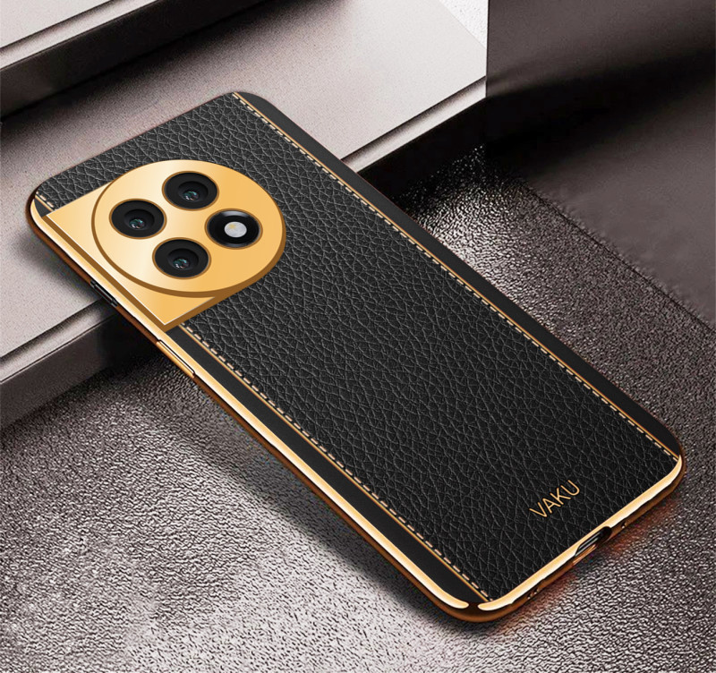 Vaku ® OnePlus 11 Luxemberg Series Leather Stitched Gold Electroplated Soft TPU Back Cover