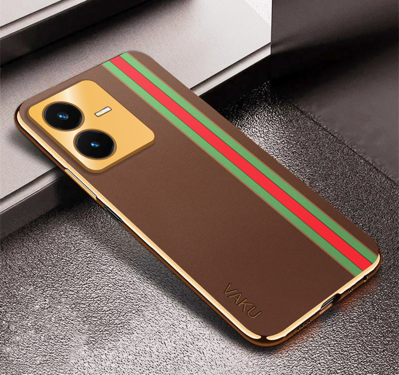 Vaku ® Vivo Y22 Felix Line Leather Stitched Gold Electroplated Soft TPU Back Cover Case