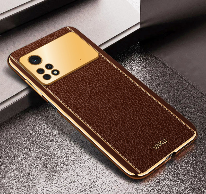 Vaku ® Xiaomi Poco X4 Pro Luxemberg Series Leather Stitched Gold Electroplated Soft TPU Back Cover
