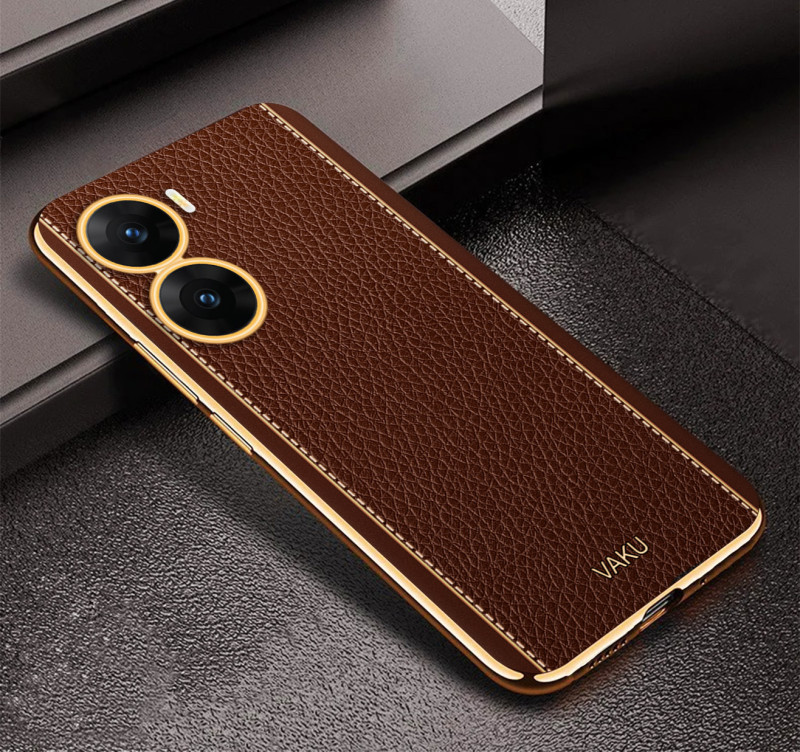 Vaku ® Vivo V29e 5G Luxemberg Leather Pattern Gold Electroplated Soft TPU Back Cover