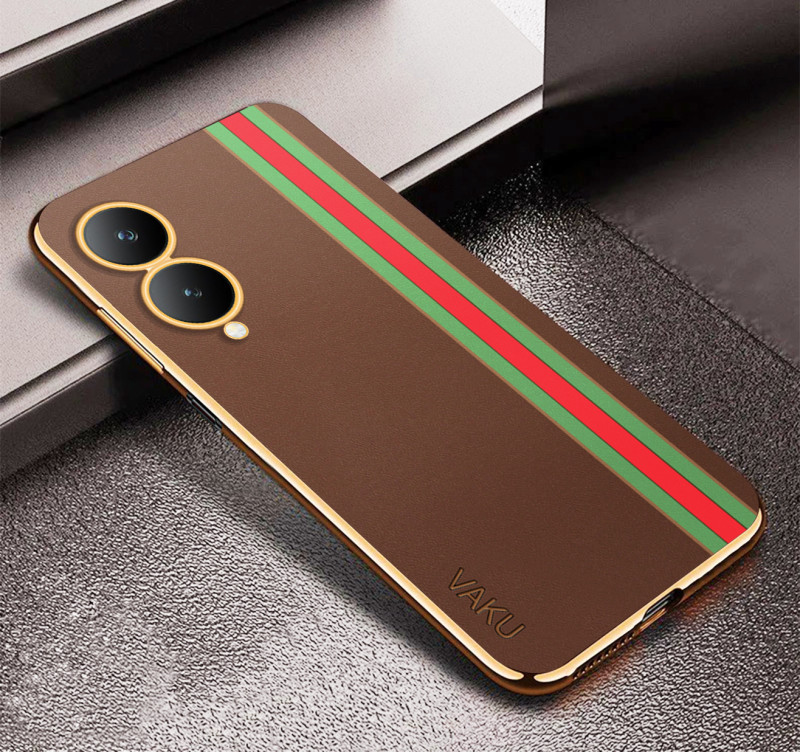 Vaku ® Vivo Y17s Felix Line Leather Stitched Gold Electroplated Soft TPU Back Cover Case