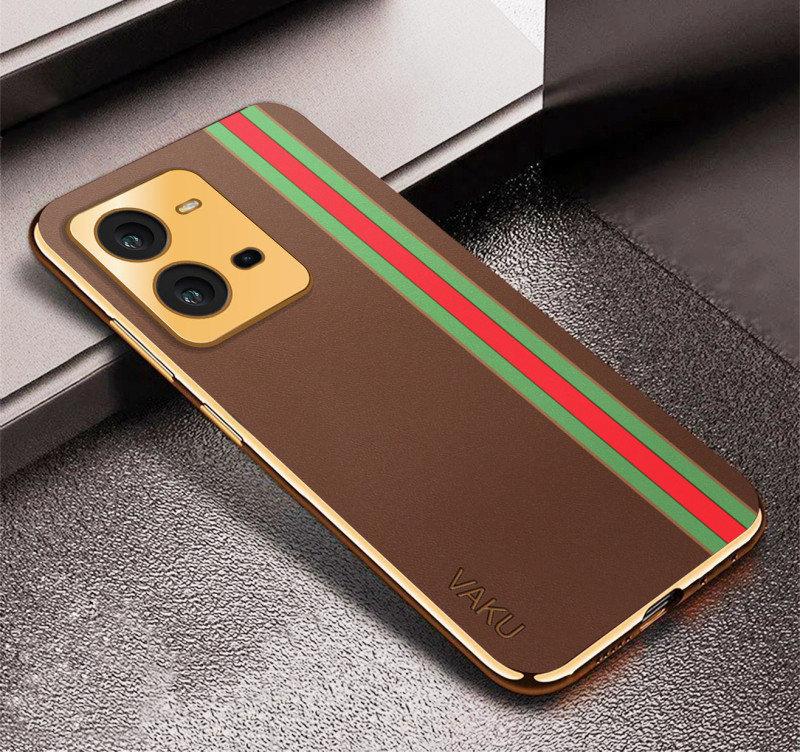 Vaku ® Vivo V25 5G Felix Line Leather Stitched Gold Electroplated Soft TPU Back Cover Case