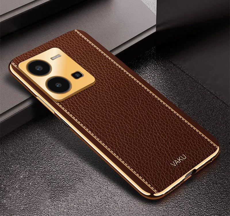 Vaku ® Vivo Y35 4G Luxemberg Leather Pattern Gold Electroplated Soft TPU Back Cover
