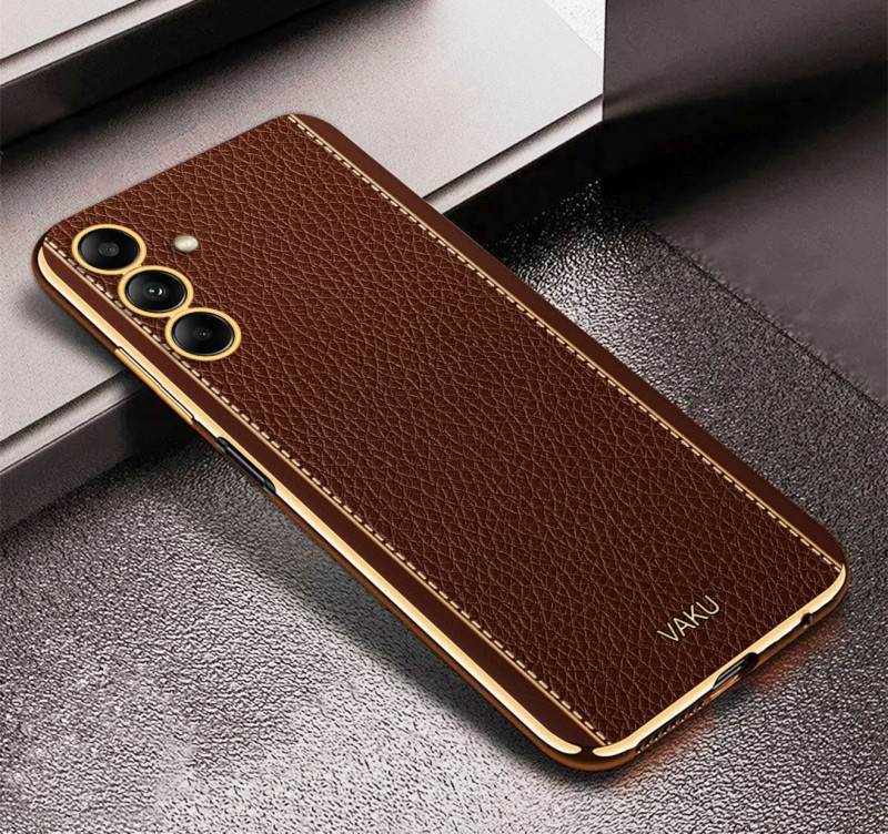 Vaku ® Samsung Galaxy A54 5G Luxemberg Series Leather Stitched Gold Electroplated Soft TPU Back Cover