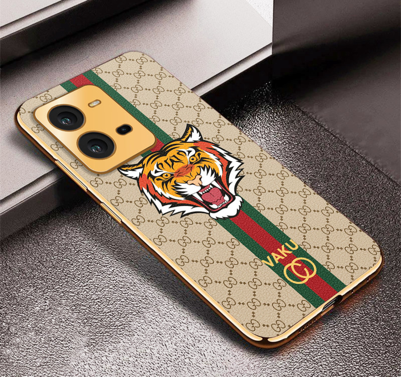 Vaku ® Vivo V25 5G Lynx Designer Leather Pattern Gold Electroplated Soft TPU Back Cover Case
