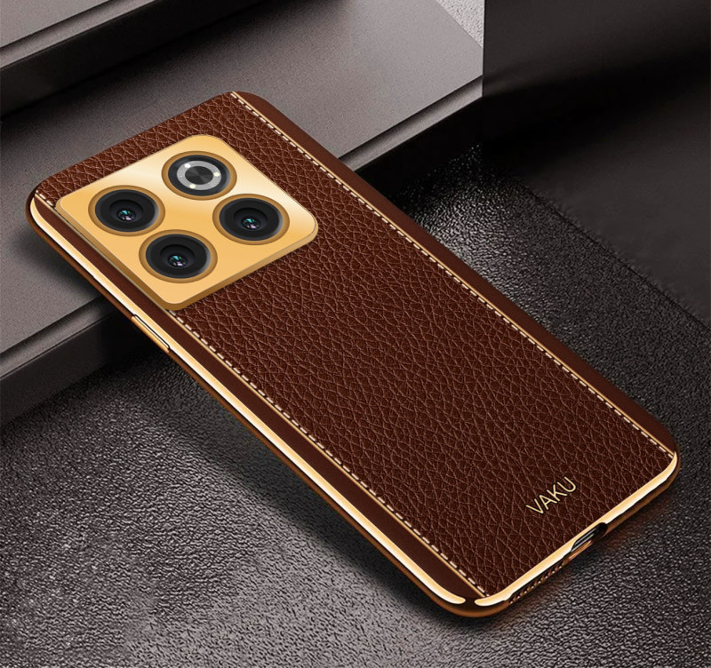 Vaku ® OnePlus 10T Luxemberg Series Leather Stitched Gold Electroplated Soft TPU Back Cover