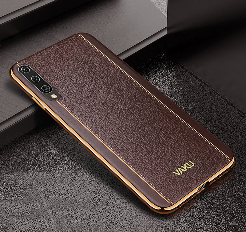Vaku ® Xiaomi Mi A3 Vertical Leather Stitched Gold Electroplated Soft TPU Back Cover