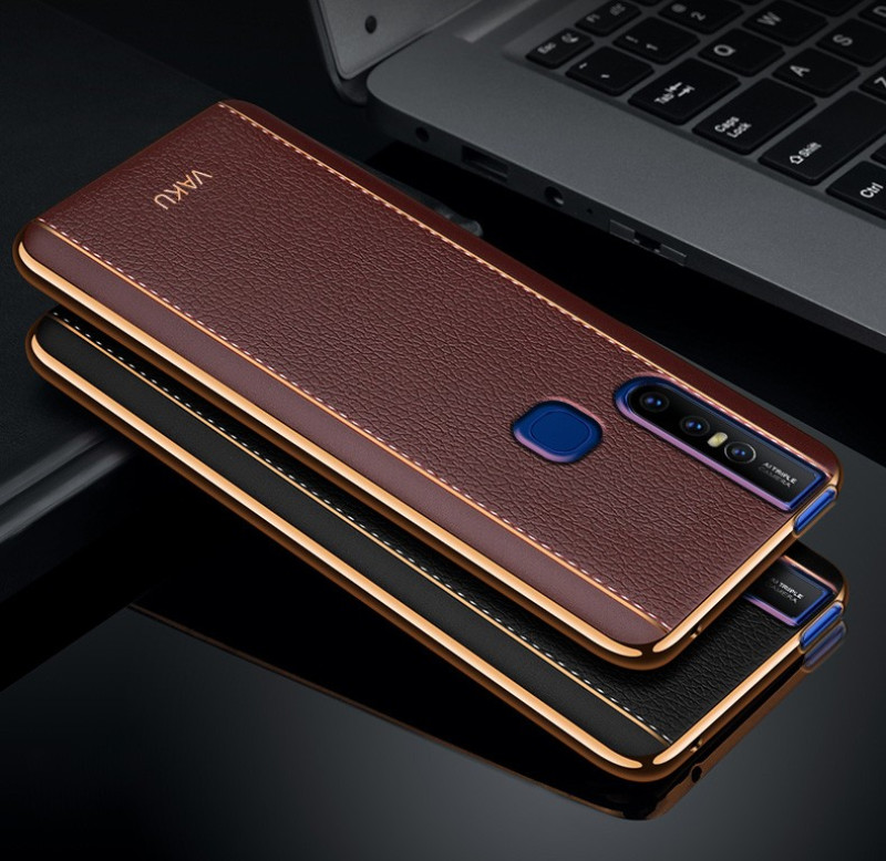Vaku ® Vivo V15 Vertical Leather Stitched Gold Electroplated Soft TPU Back Cover