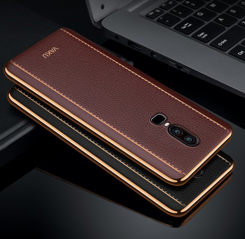 Vaku ® OnePlus 6 Vertical Leather Stitched Gold Electroplated Soft TPU Back Cover