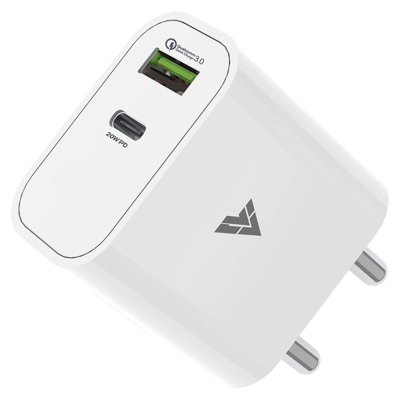 Vaku ® Paxor 2in1 PD QC 20W Dual Port Charger Type C [Apple MFi Certified] Adapter for iPhone and Android Devices