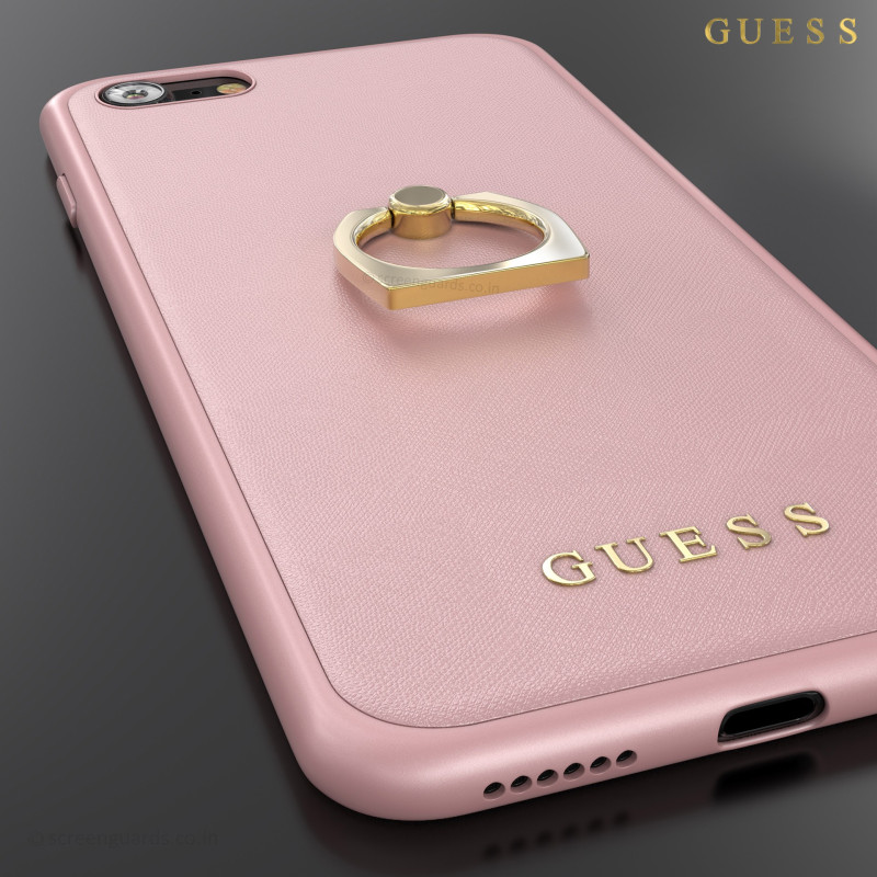 GUESS ® Apple iPhone 8 Prama Paris Series Pure Leather 2K Gold Electroplated + inbuilt ring stand Back Case