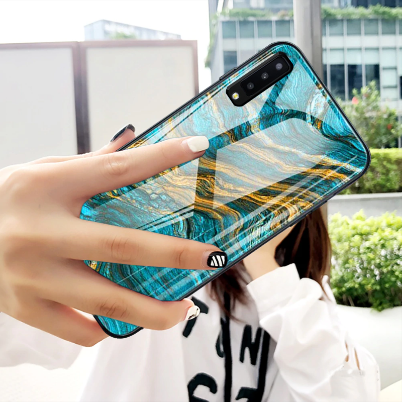 VAKU ® Samsung Galaxy A7 (2018) Quin Marble Series Ultra-Shine Luxurious Tempered Finish Silicone Frame Thin Back Cover