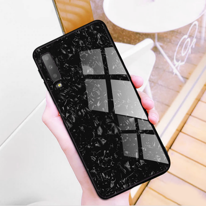 VAKU ® Samsung Galaxy A50 Glossy Marble with 9H hardness tempered glass overlay Back Cover