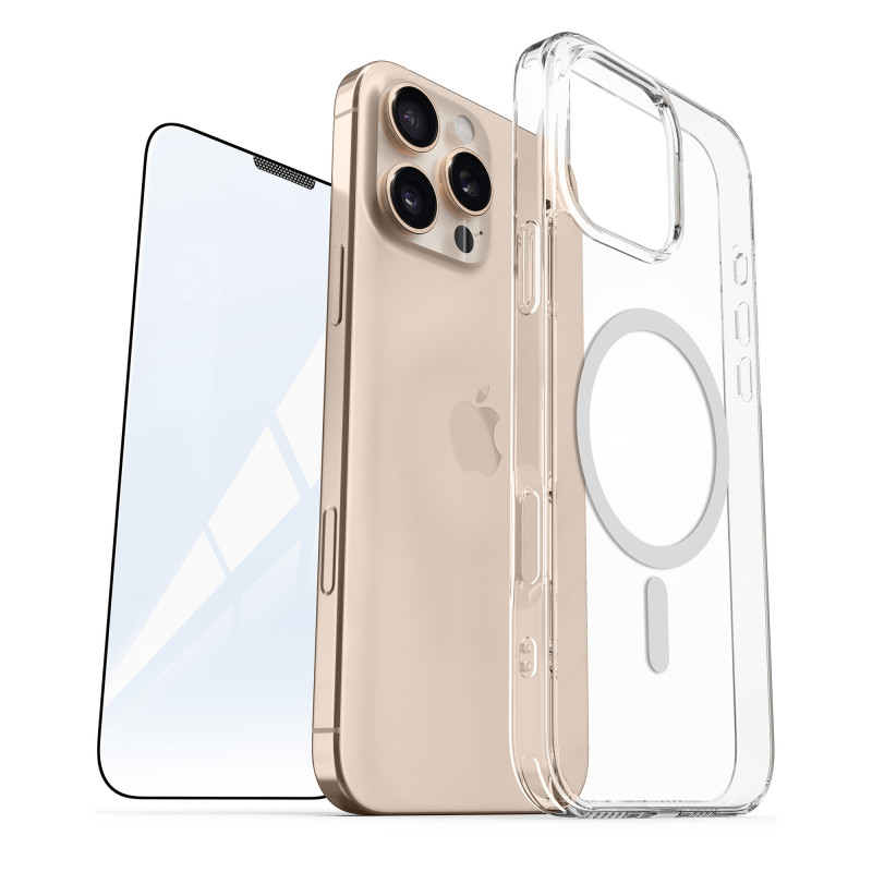 Vaku Luxos ® 2In1 Combo Apple iPhone 16 Pro Max Glassy MagPro Clear TPU Shockproof Scratch Resistant Case Back Cover with 3D Tempered Glass