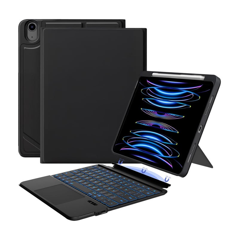 Vaku Luxos ® NORVIK Magnetic Bluetooth Keyboard Case For iPad 11th inch (A16)/10.9 10th Generation With Flip Cover 360° Protection Backlit Keys & Touchpad Pencil Holder Floating Cantilever Stand
