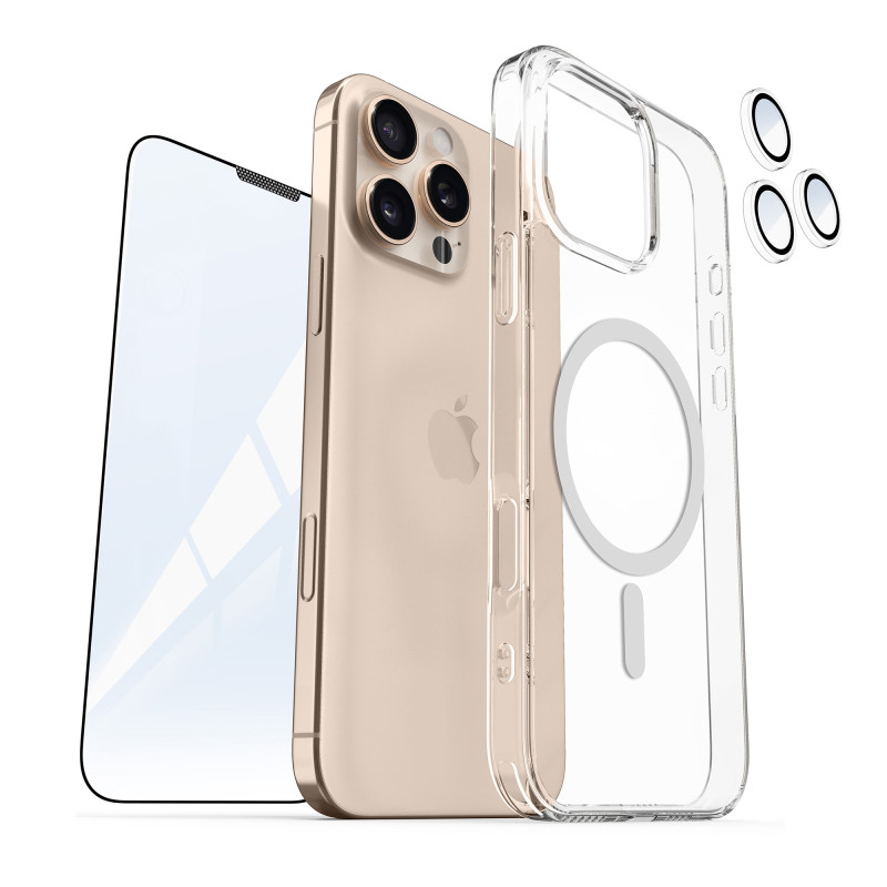 Vaku ® 3in1 Value Combo Pack Glassy Magpro Clear Silicone Back Cover Case + 3D Tempered Glass + Camera Lens Protector Screen Guard for iPhone 16 / 16 Plus / 16 Pro / 16 Pro Max