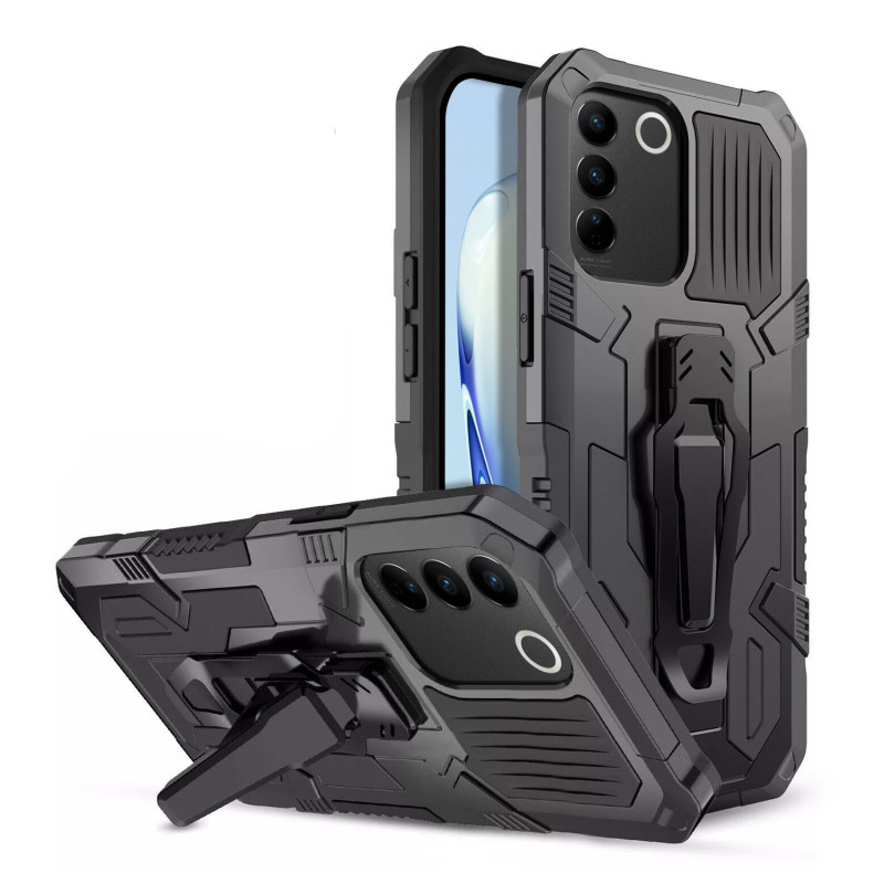 Vaku ® Vivo V27 5G Vanguard Military Grade Armor Case with Metal Belt Clip Kickstand Back Cover