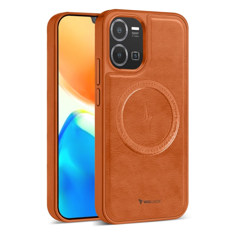 Vaku ® Vivo Y35 Maxtron Leather Stitched Magnetic Magsafe Non-Slip Grip Shockproof Back Cover