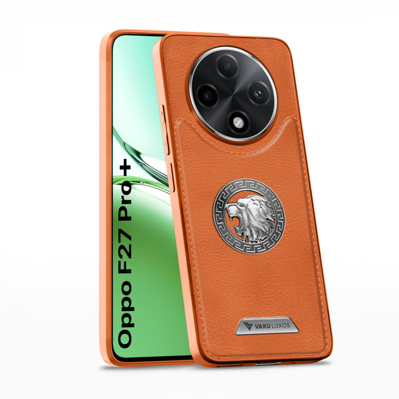 Vaku ® Oppo F27 Pro Plus 5G Regal Shield Metal Lion Engraved Leather Protective Back Cover