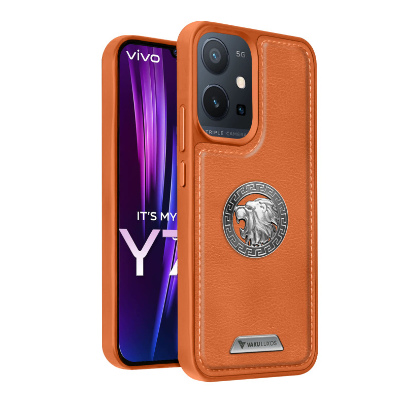 Vaku ® Vivo Y75 5G Regal Shield Metal Lion Engraved Leather Protective Back Cover