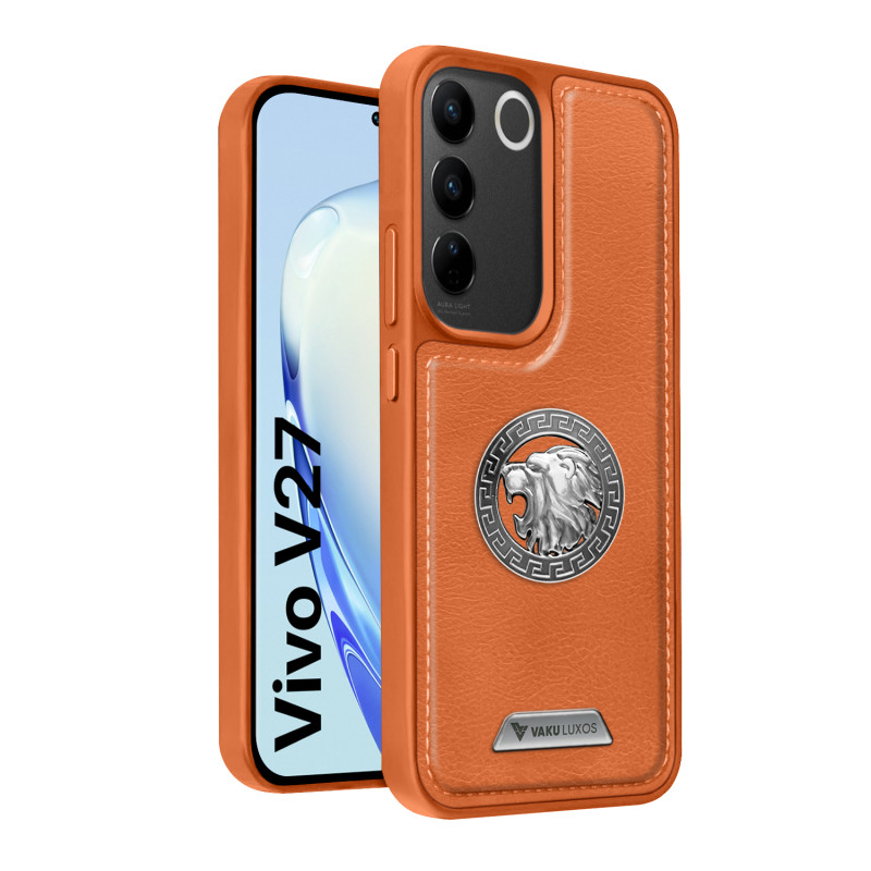 Vaku ® Vivo V27 5G Regal Shield Metal Lion Engraved Leather Protective Back Cover