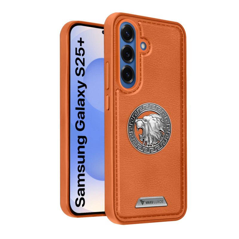 Vaku ® Samsung Galaxy S25 Plus Regal Shield Metal Lion Engraved Leather Protective Back Cover
