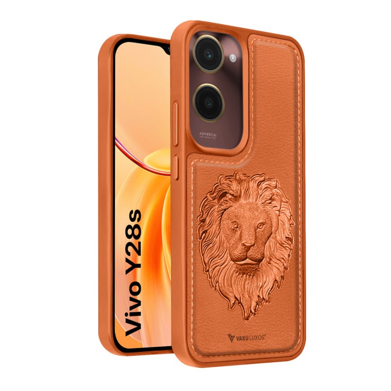Vaku ® Vivo Y28s 5G Lion Embossed Luxury Designer Leather Protective Back Cover