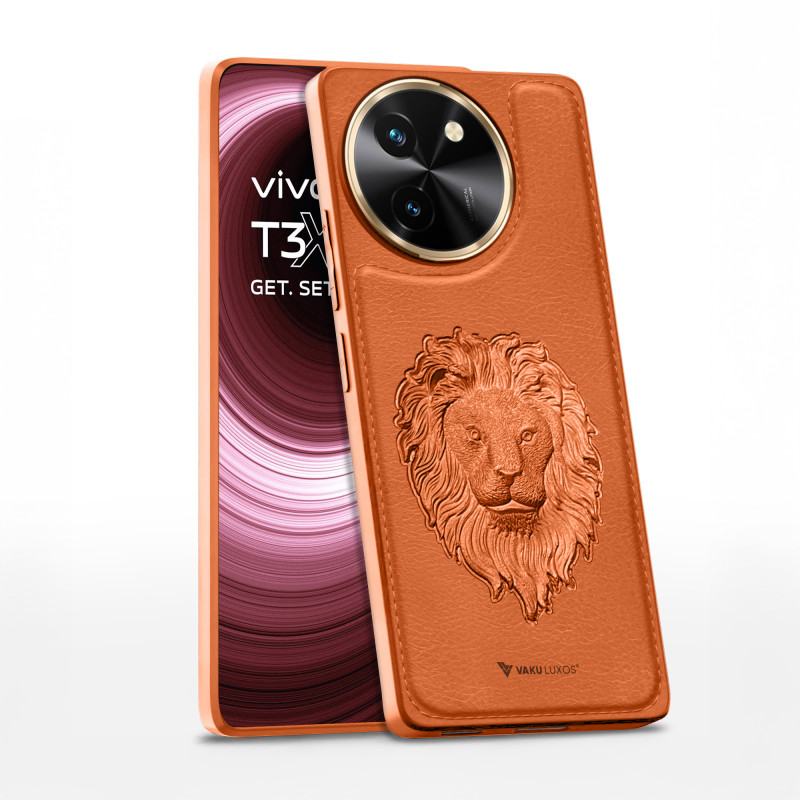 Vaku ® Vivo T3x 5G Lion Embossed Luxury Designer Leather Protective Back Cover