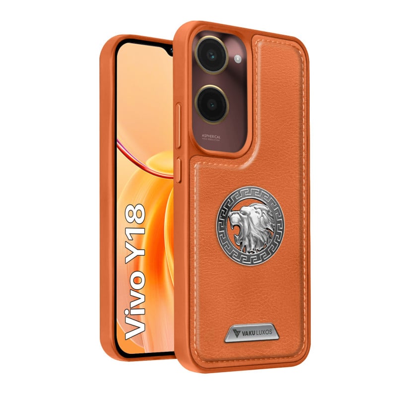 Vaku ® Vivo Y18 Regal Shield Metal Lion Engraved Leather Protective Back Cover