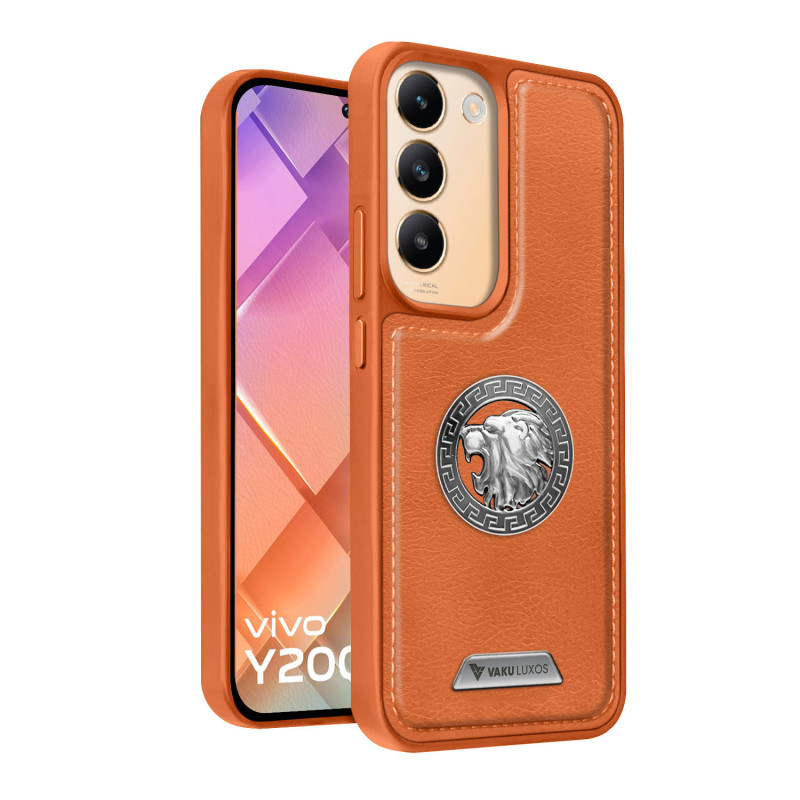 Vaku ® Vivo Y200e 5G Regal Shield Metal Lion Engraved Leather Protective Back Cover