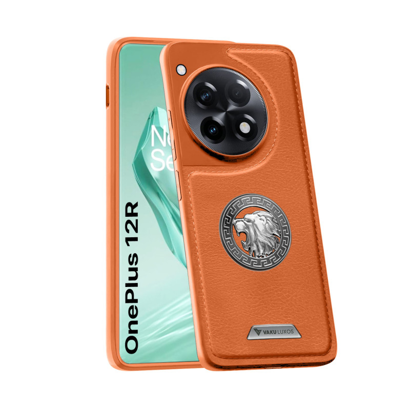 Vaku ® OnePlus 12R Regal Shield Metal Lion Engraved Leather Protective Back Cover