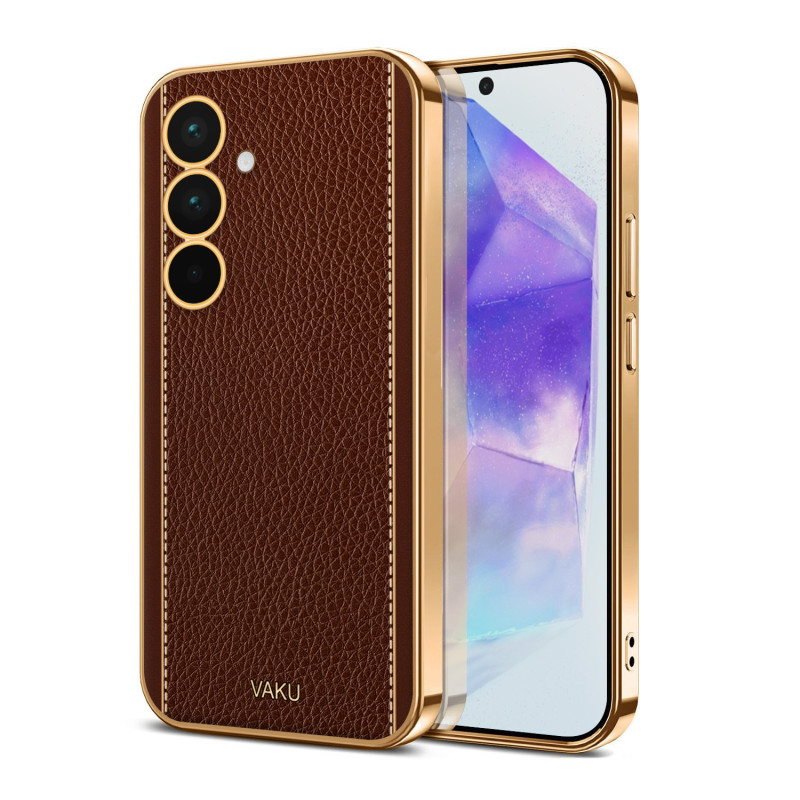 Vaku ® Samsung Galaxy A55 5G Luxemberg Leather Pattern Gold Electroplated Soft TPU Back Cover