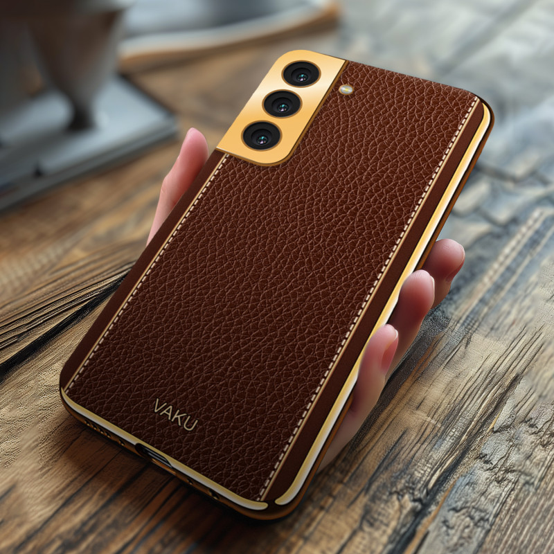 Vaku ® Samsung Galaxy S21 FE 5G Luxemberg Series Leather Stitched Gold Electroplated Soft TPU Back Cover