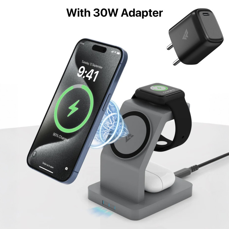 VAKU ® Trinity 3-in-1 MagSafe Wireless Charger Dock (23W) + 30W Adapter | Fast Charge iPhone, Watch & AirPods