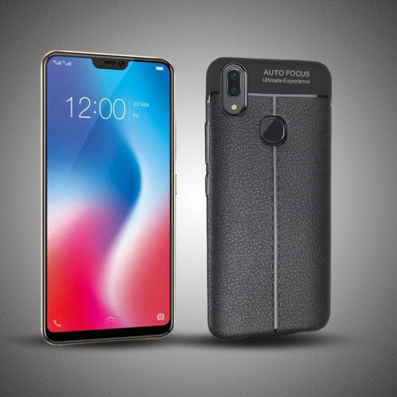 Vaku ® Vivo V9 / Y85 Kowloon Double-Stitch Edition Silicone Leather Texture Finish Ultra-Thin Back Cover Black