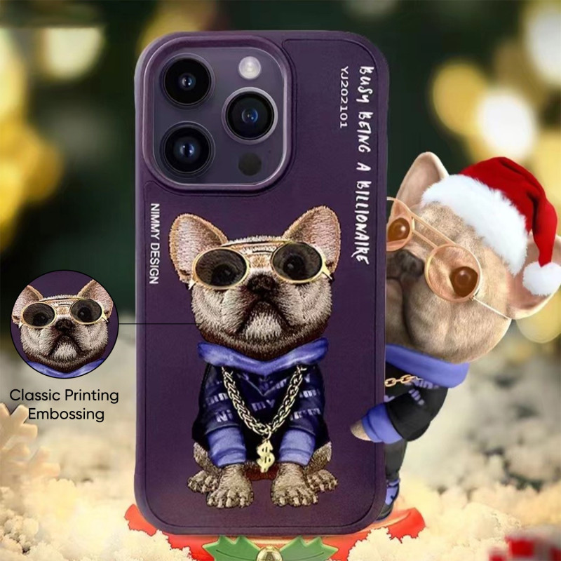 Vaku ® Apple iPhone 14 Pro 3D Embroidery Chain Pug Anti-Slip Scratch Resistant Protective Case Back Cover