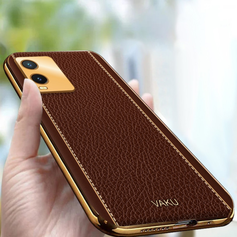 Vaku ® Vivo T1x  Luxemberg Series Leather Stitched Gold Electroplated Soft TPU Back Cover