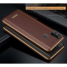 Vaku ® Samsung Galaxy M21 Vertical Leather Stitched Gold Electroplated Soft TPU Back Cover