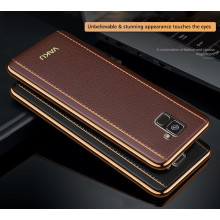Vaku ® Samsung Galaxy A8 Plus Vertical Leather Stitched Gold Electroplated Soft TPU Back Cover