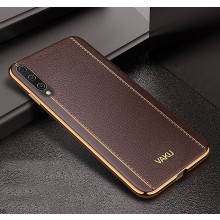 Vaku ® Xiaomi Mi A3 Vertical Leather Stitched Gold Electroplated Soft TPU Back Cover