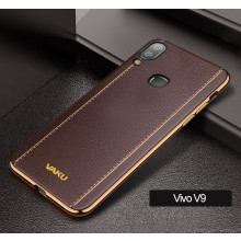 VAKU ® Vivo V9 Vertical Leather Stitched Gold Electroplated Soft TPU Back Cover