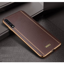 Vaku ® Samsung Galaxy A50S Vertical Leather Stitched Gold Electroplated Soft TPU Back Cover