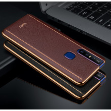 Vaku ® Vivo V15 Vertical Leather Stitched Gold Electroplated Soft TPU Back Cover