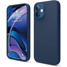 Vaku ® 2in1 Combo Apple iPhone 12 Mini Liquid Silicon Velvet-Touch Silk Finish Shock-Proof Back Cover with Dust filter Tempered Glass (Blue)