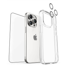 Vaku ® 3in1 Value Combo Pack Glassy Clear Silicone Back Cover Case + 3D Tempered Glass + Camera Lens Protector Screen Guard for iPhone 15 / 15 Plus / 15 Pro / 15 Pro Max